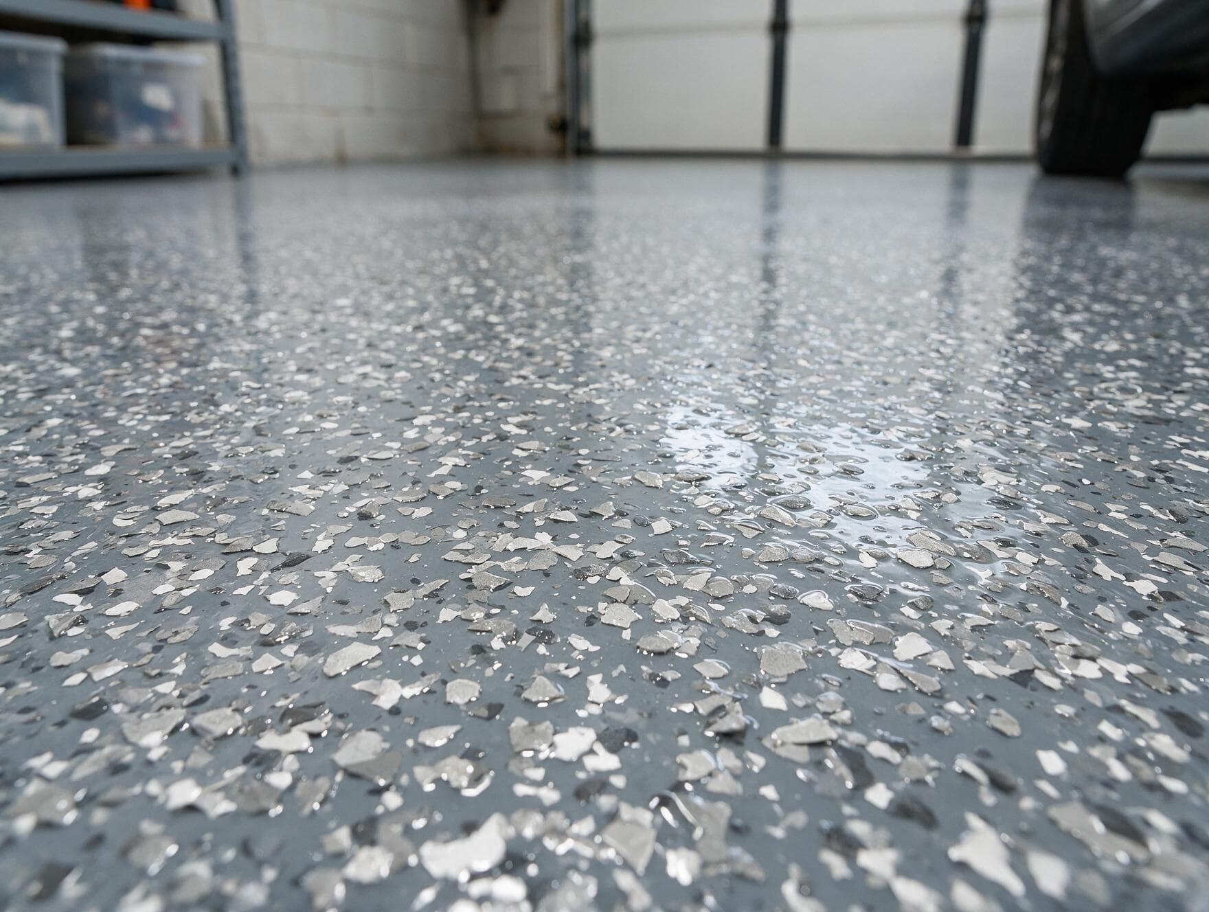 Storm Grey epoxy flake blend — Charlotte NC garage floor